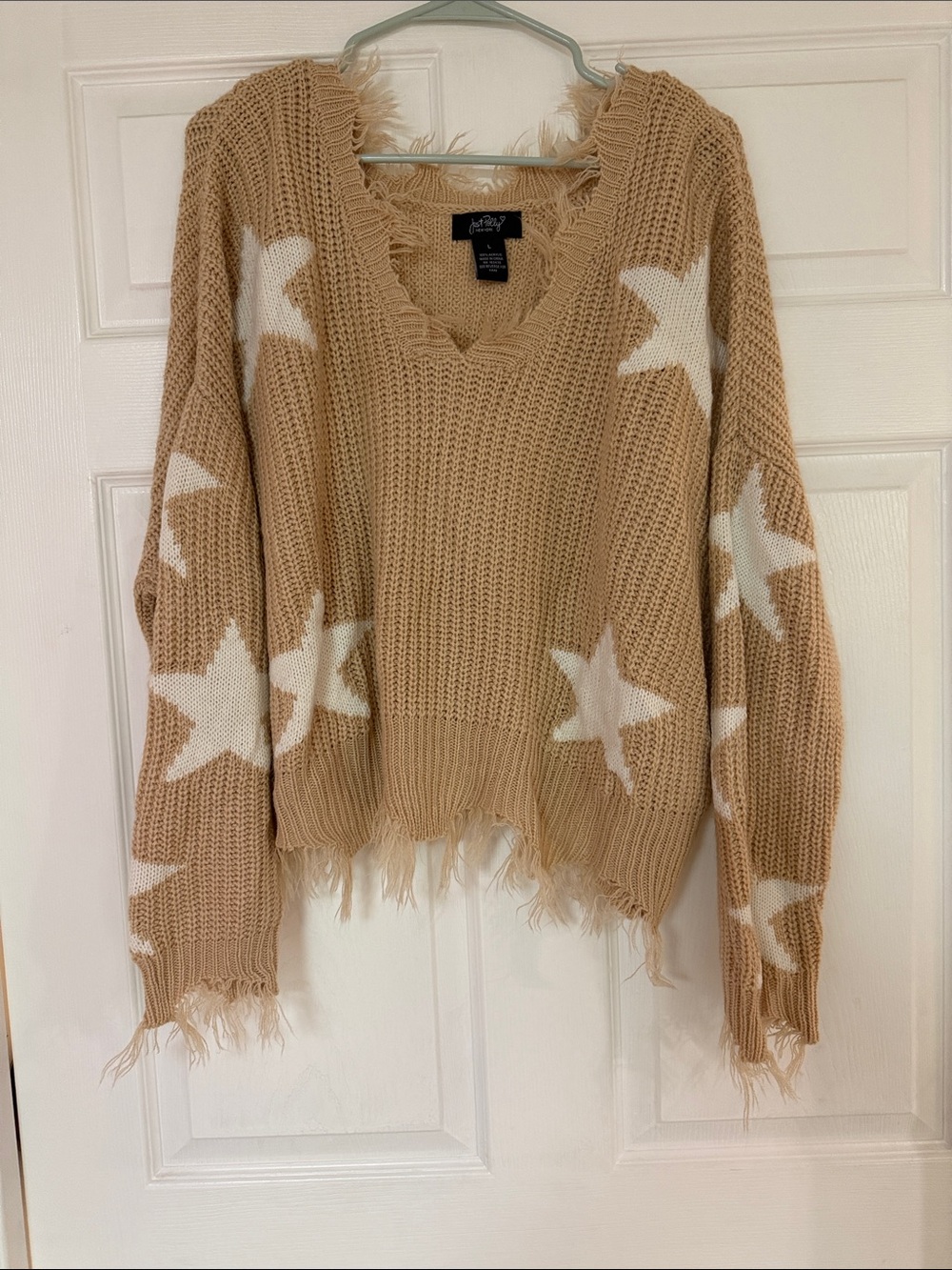 Star-Pattern V-Neck Sweater in Tan by Just Polly